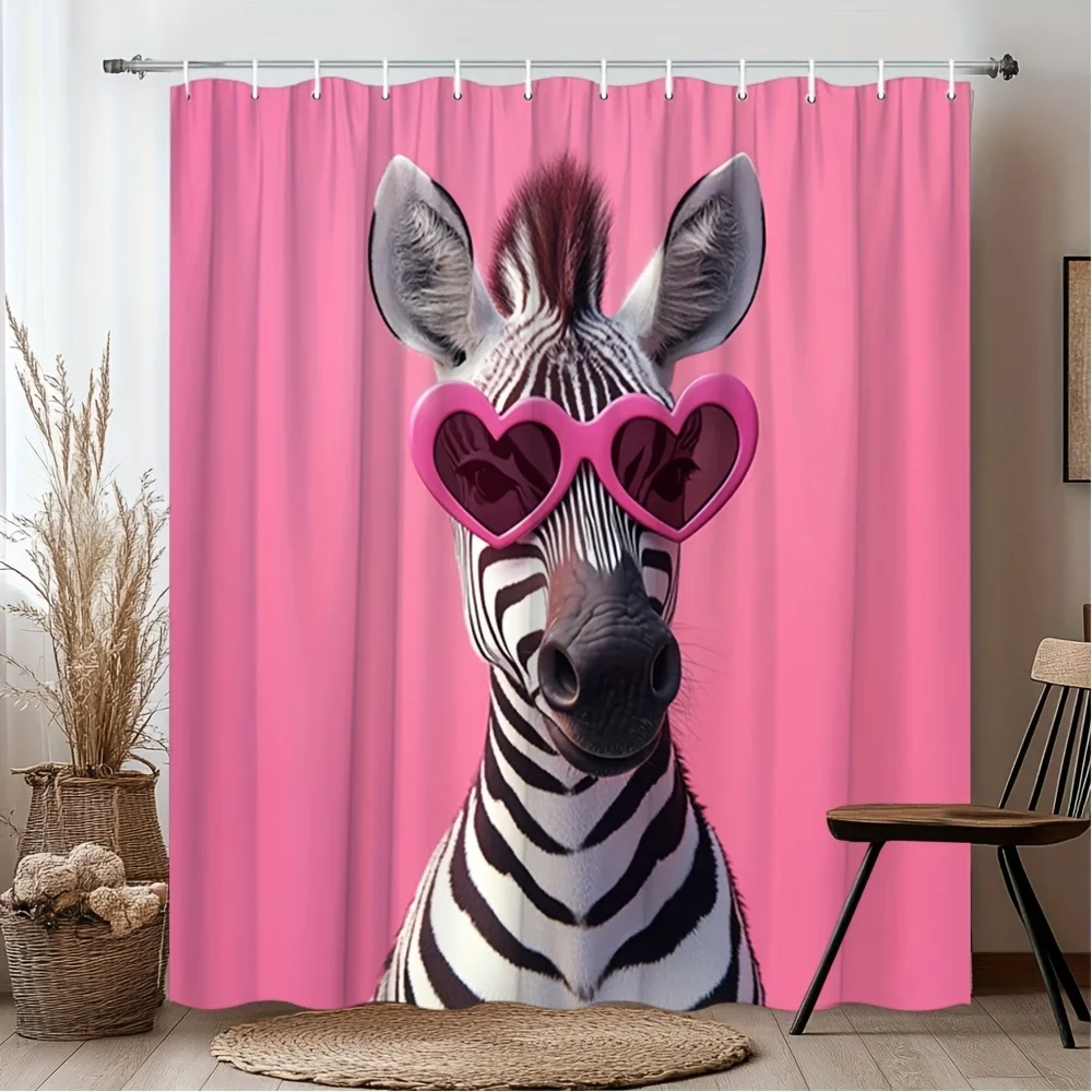 Funny Zebra Shower Curtain, Pink Heart Sunglasses Animal Print Waterproof Bathroom Decor, Cute Safari Home Bath Screen