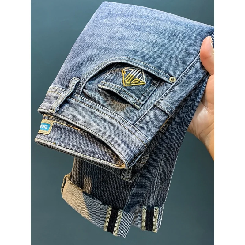 Spring and Autumn Men's Jeans Trendy 2024 New Slim Fit Skinny High-End Embroidery Trendy Brand Blue Pencil Pants Trousers
