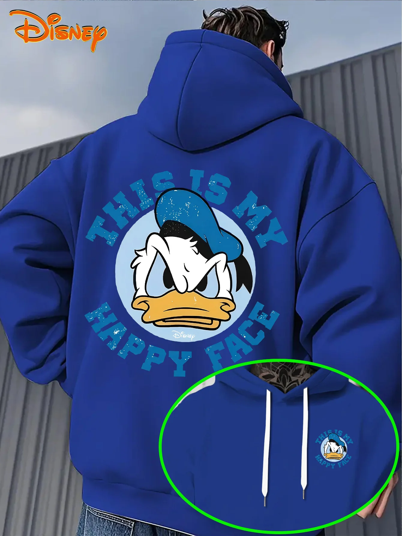

Хлопковая флисовая толстовка унисекс Disney Donald Duck, синяя, Angry Expression, Grumpy Eyes, большой текст сзади, свободный карман-кенгуру