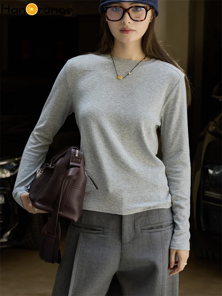 

HanOrange 2025 Early Autumn O-Neck Bottom T-Shirt Women Soft Top White/Black/Grey/Coffee/Deep Snow Grey/Deep Red/Cream White