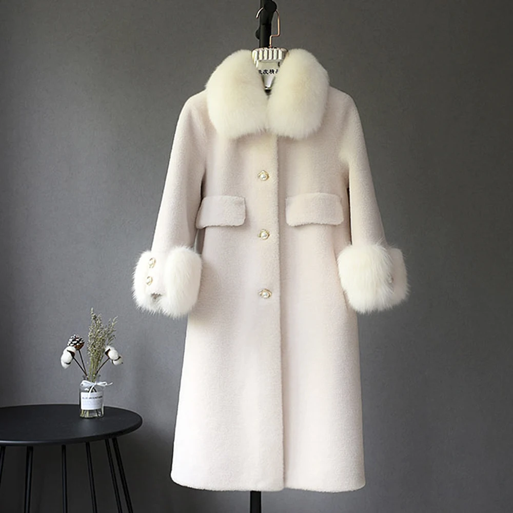 

FURYOUME Long Wool Coat for Women Natural Real Fur Jacket Fox Fur Collar Warm Outerwear Full Sleeve Female Overcoat Winter