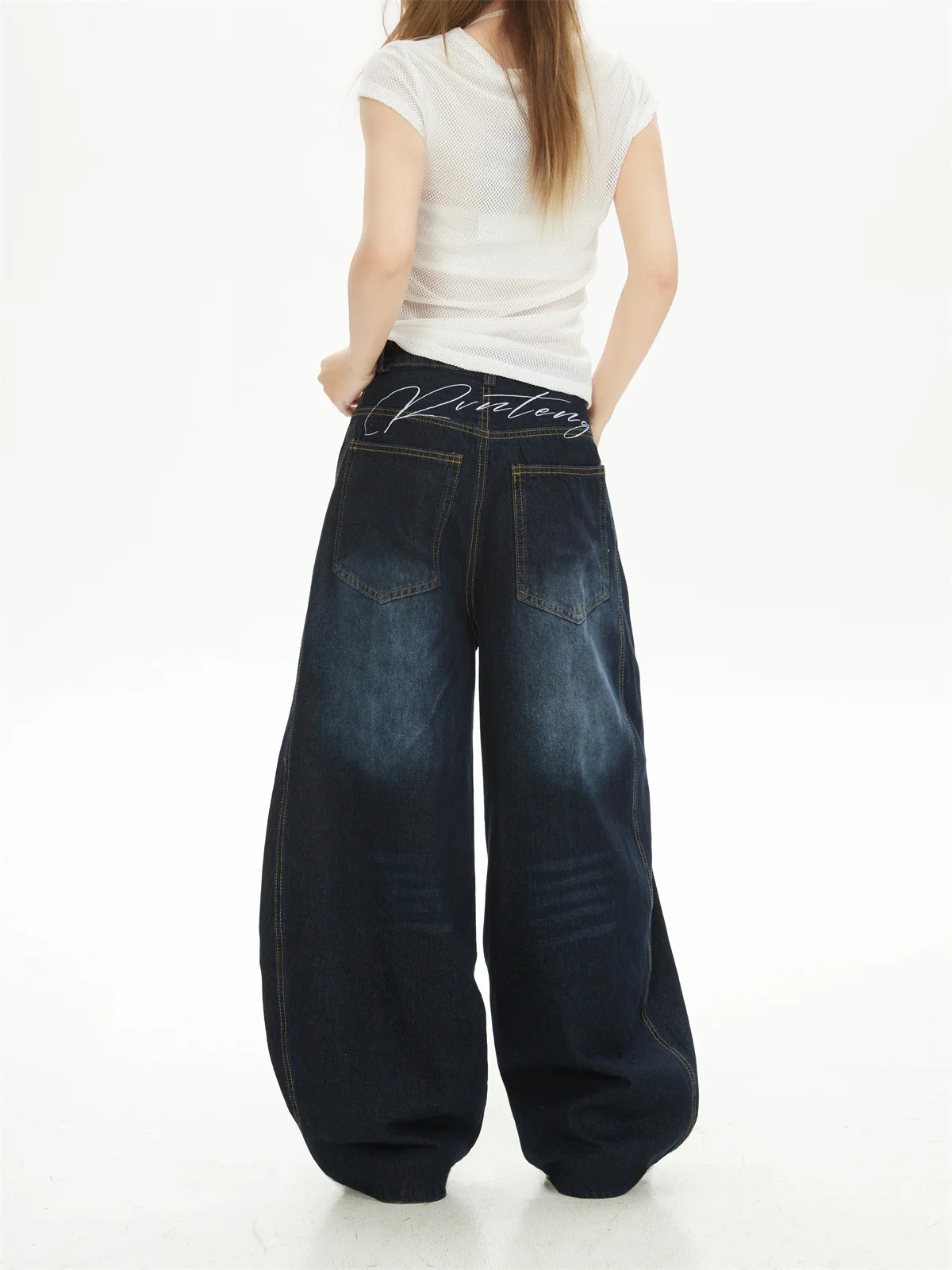 Retro American Blue Dyed Washed Scythe Denim Pants Women's New 2026 Wide Leg Printed Trendy High Waist Long Zipper Closure