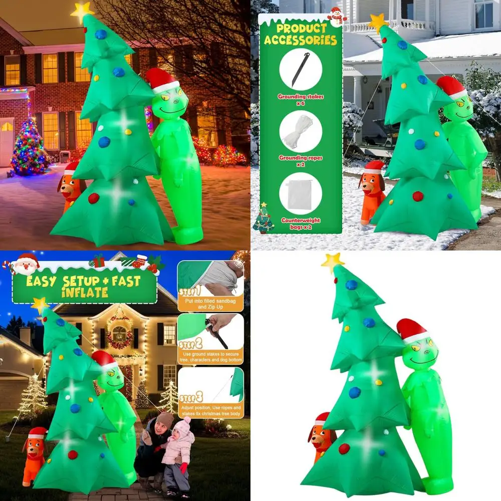 

Рождественский надувной Grinchie высотой 6,5 футов с зеленым монстром и собакой Макс., 6 светодиодных фонарей, уличный декор для сада и двора