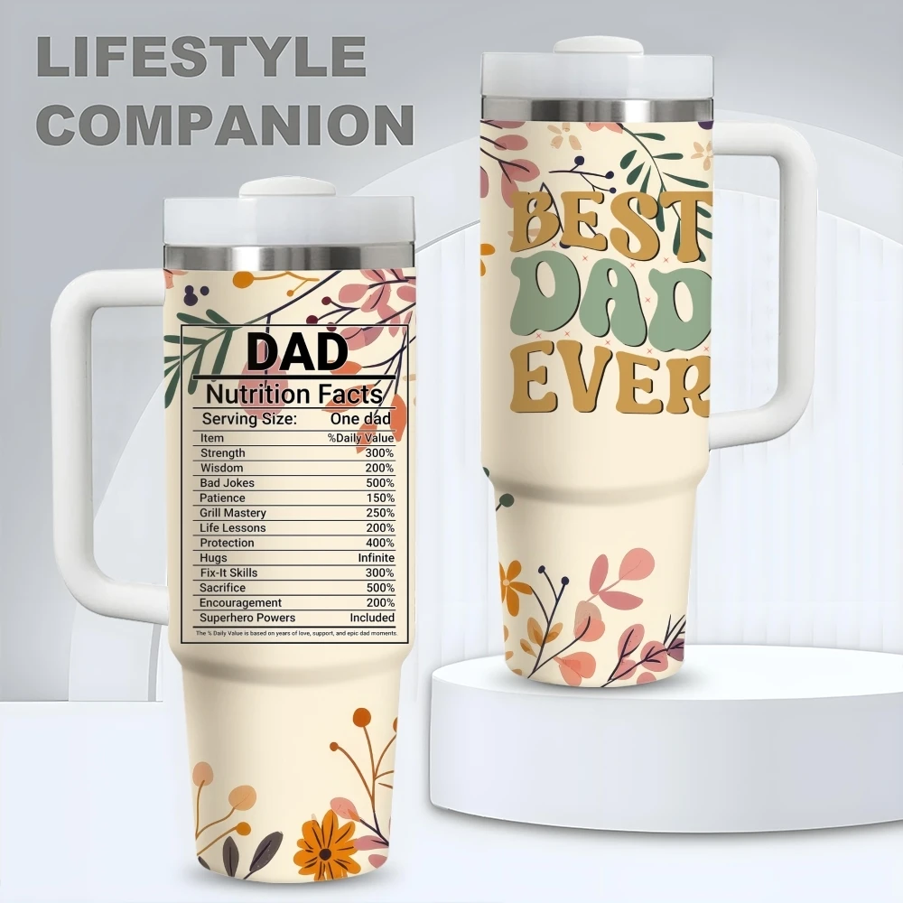 Dad Nutrition Facts Flowers Vacuum Flasks 40oz Stainless Steel Vacuum Insulated Tumbler with Straw Leak Resistant Travel Mug