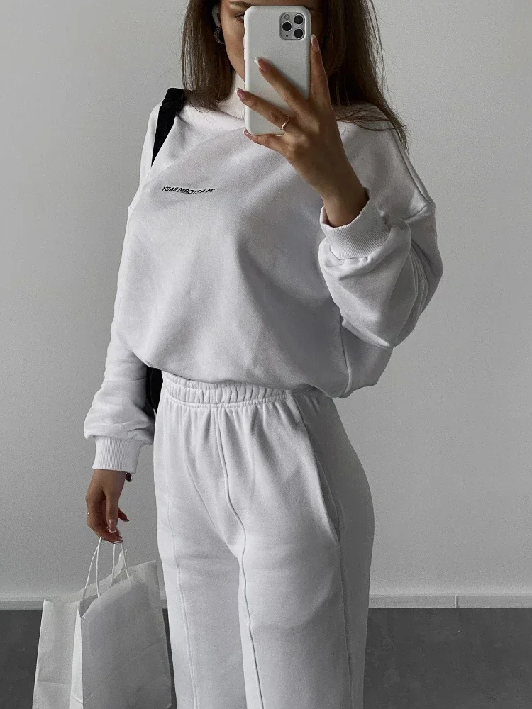 Sweatshirt Suit Women Winter Turtleneck Tops High Waist Ankle Length Sport Pants 2 Piece Sets Letter Fleece Tracksuit for Women