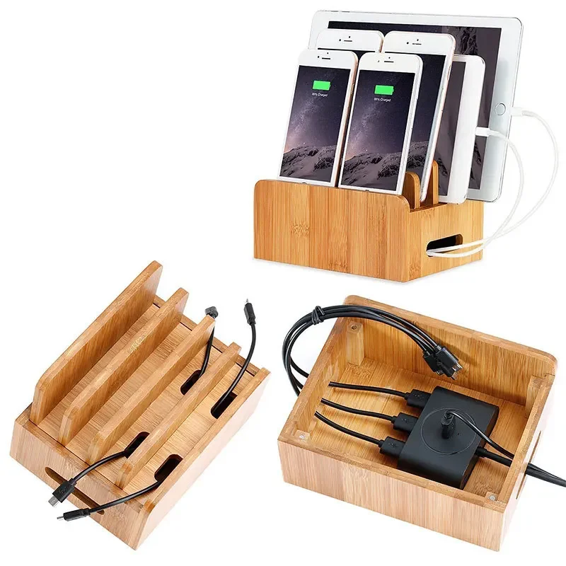 Bamboo Holder for Phones Stand for Phone Cords Charging Station Docks Organizer for Smart Phones and Tablets USB Charger