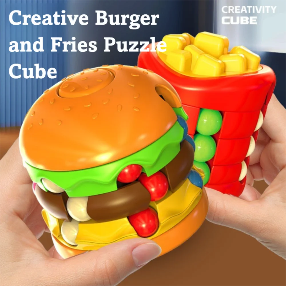 Cubo mágico giratorio de hamburguesa para niños, frijol colorido, patatas fritas, giroscopio para desarrollar la inteligencia, alivio del estrés, juguete para niños