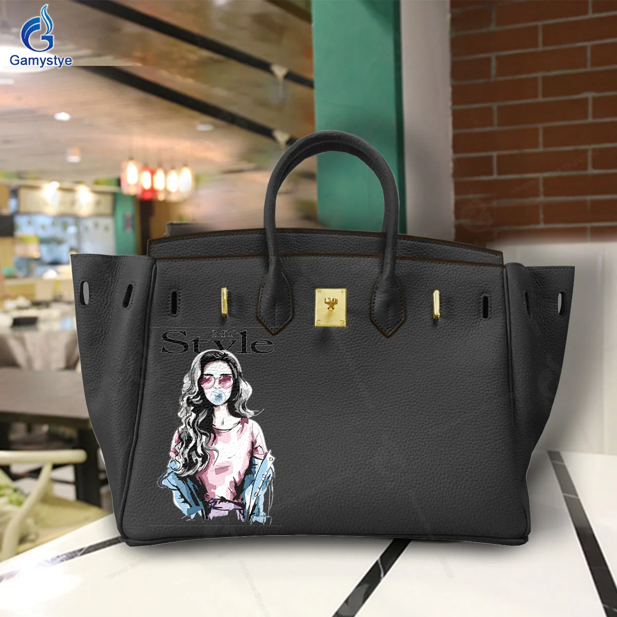 

Art Print Fashion Girl Customize Totes Real Cowskin Leather Women'S Shoulder Bags Purses Shopper Handbag Crossbody Bags