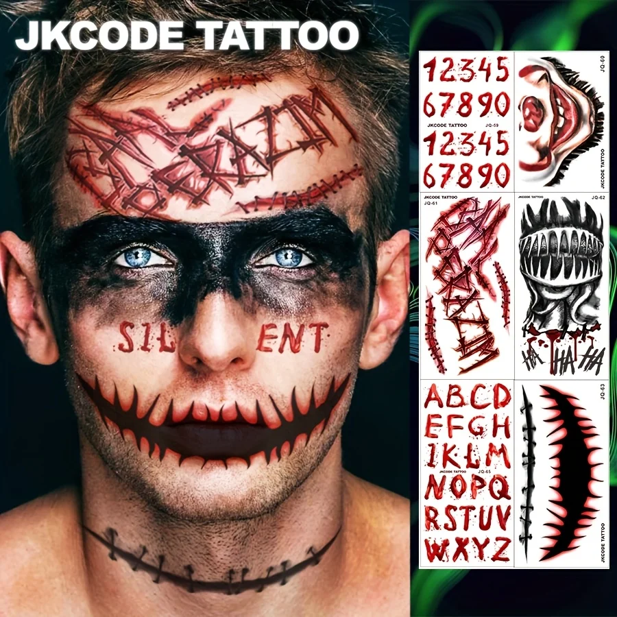 

Zombie Halloween Costumes Makeup Tattoo - Scar Blood Stains Graffiti Letters Arabic Numbers Tattoo Set - Crazy Graffiti Tattoo - Mouth Pattern - Cool Style Tattoo Hand Finger Casual Cool Men's Hands Neck Head Tattoo Long-Lasting Waterproof 3-5 Days