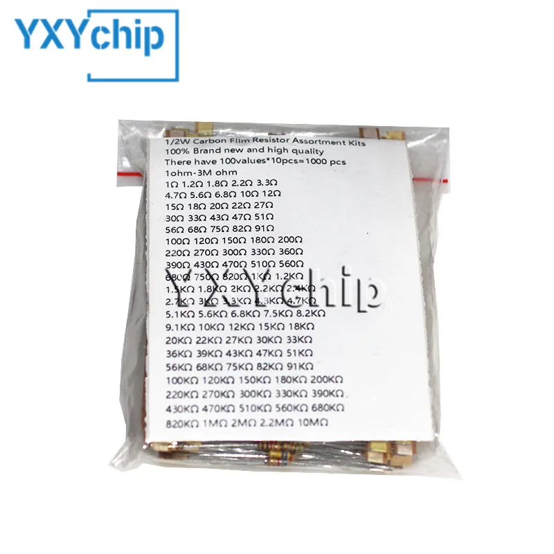 

1/2W Carbon Film Resistor Set 5% Resistors Kit 0.5W 1 ohm~10M Resistor Pack Assorted Kit 5.1K 5.6K 6.8K 1000PCS=100 Values*10pcs