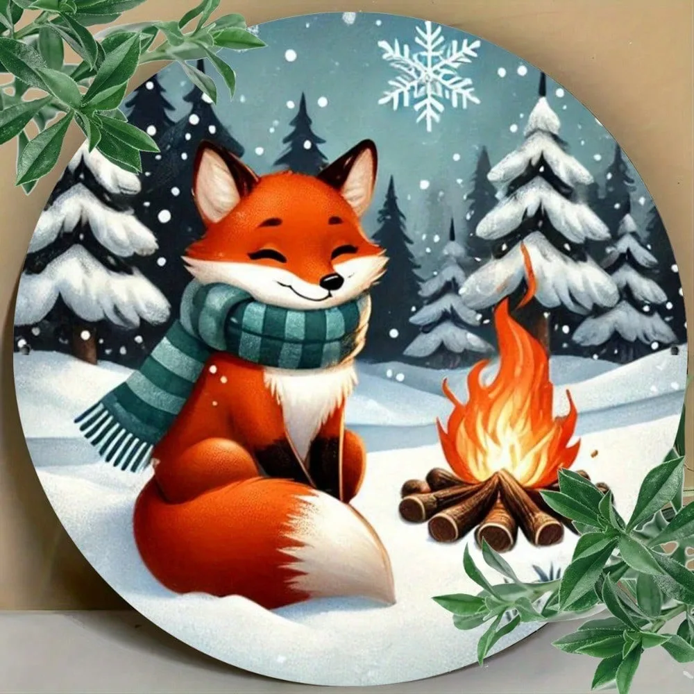 Fox Winter Bonfire Weihnachtsbaum-Metallschild, 20,3 x 20,3 cm, rund – Vintage-Wandkunst aus Eisen mit 2D-Druck für Zuhause, Küche, Garten, Büro, Urlaub