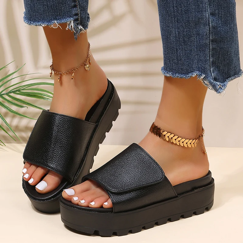 Rimocy Black PU Leather Platform Slippers Women Plus Size 43 Thick Soled Sandals Woman 2023 Summer Non-slip Slides Shoes Female