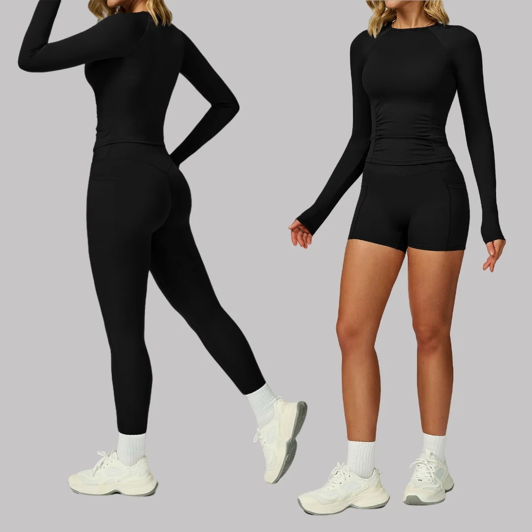 

Бесшовный комплект для йоги, спортивные штаны для фитнеса с высокой талией персикового цвета, комплект из 2 предметов с длинными рукавами, одежда для тренировок, спортивные шорты, спортивная одежда