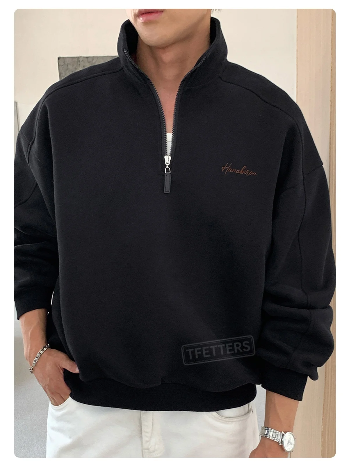 TFETTERS EU Size 2026 Autumn Casual Half Zip Pullover Men Stand Collar Minimal Letter Embroidered Long Sleeve Sweatshirt Man