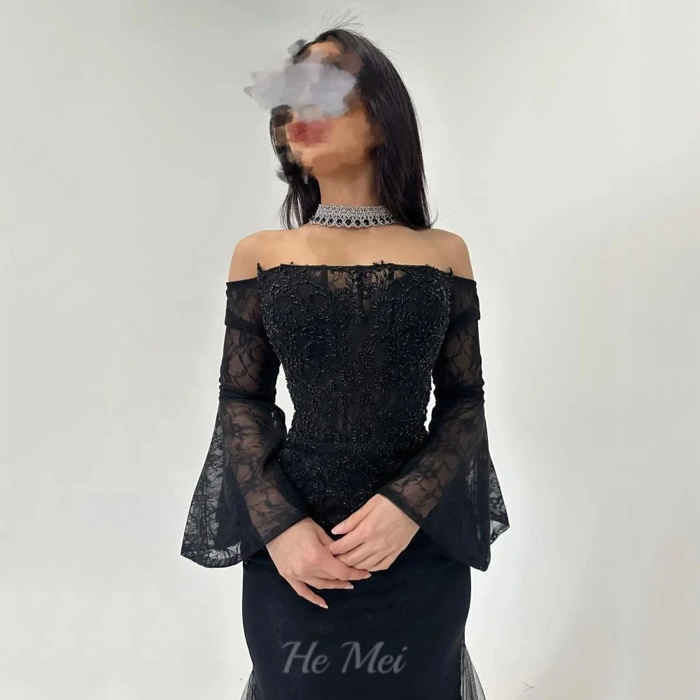 تول أسود مخصص فساتين لحضور الحفلات الموسيقية حورية البحر الديكور مساء فستان قبالة الكتف حمالة رداء حفلات Vestidos De Novia #3