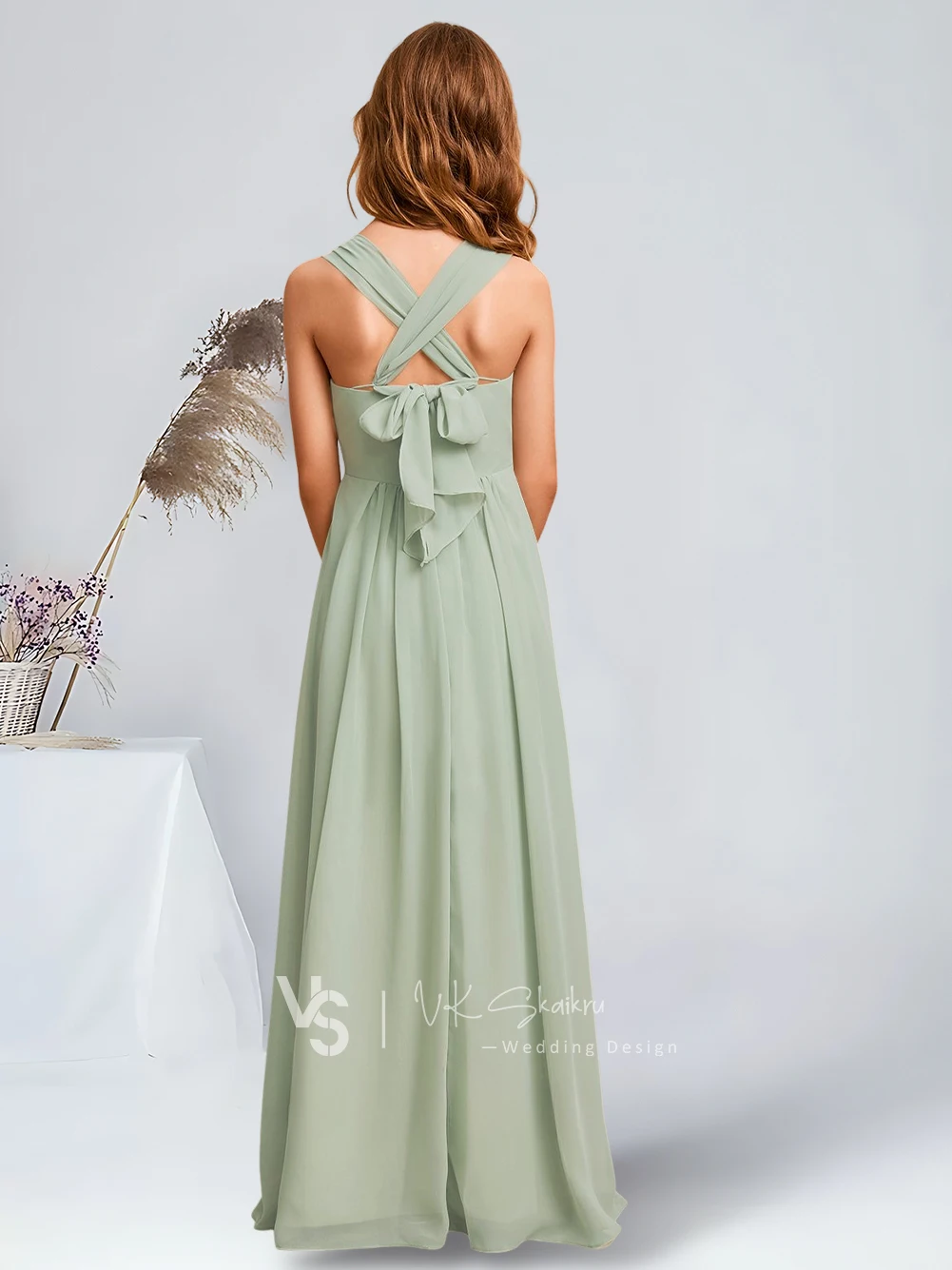 Elegante linha a quadrado até o chão chiffon júnior vestido de dama de honra celadon linda flor vestidos da menina festa de casamento criança dança