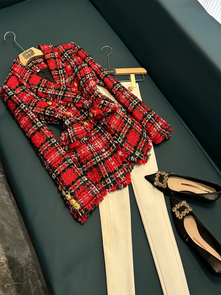 

Faionable Winter Plaid Woolen Jaet Coat with Tassel Medium Length Lapel Collar Women's Commute Sle Long Sve