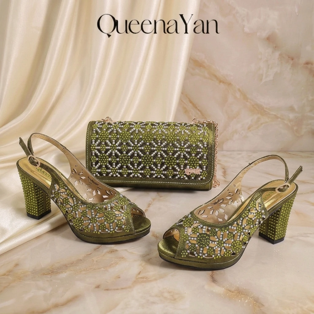 2026 Olive Rhinestone Cut‑Out Shoe & Bag Set Women Peep‑Toe Slingback Block High Heels, African Style Matching Chain Clutch Bag