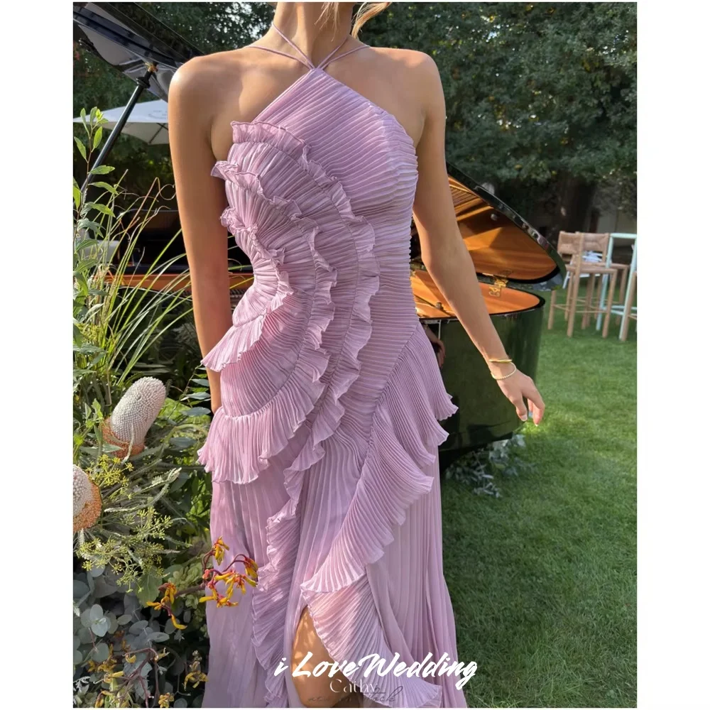 

Purple Halter Evening Dress 2025 Chiffon Sleeveless Pleated Backless A-Line Ruffles Floor-Length Wedding Party Dress Customized