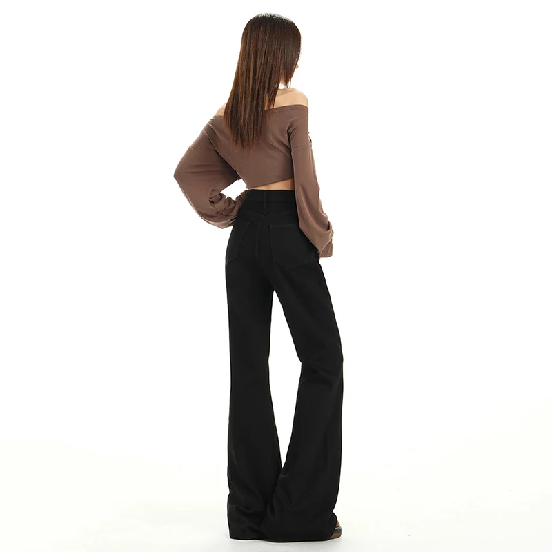 블랙 레트로 아메리칸 혼 데님 여성 바지 2025 가을 신상 하이웨이스트 슬림핏 논스틱 레그 엘라스틱 플로어 팬츠