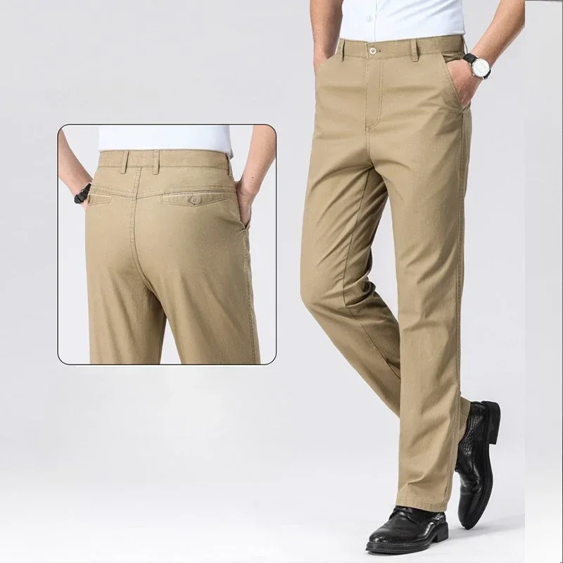 

Autumn 100% Cotton Casual Suit Pants Men Clothing Classic Straight Loose High Waist Elastic Business Trousers Male Brand Clothes