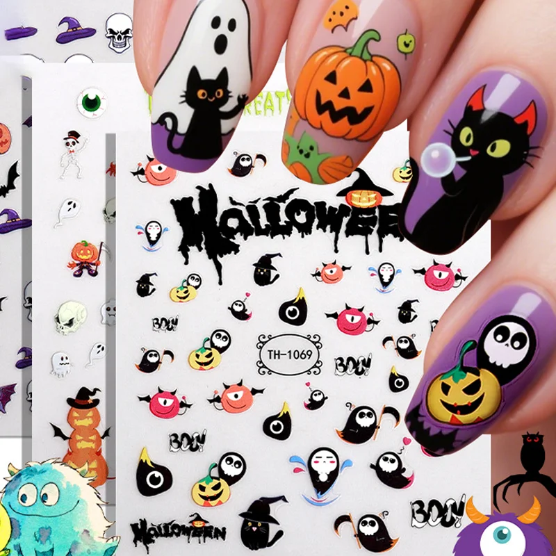 2 pezzi Halloween notte luminosa stile scuro fantasma teschio gatto palmo sanguigno 3D autoadesivo nail art adesivo manicure fai da te