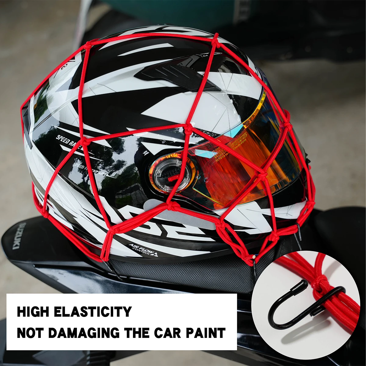30*30cm Heavy-Duty Elastic Motorcycle Luggage Net Helmet Holder Fuel Tank Luggage Mesh Pocket With 6 Hooks Hold Down