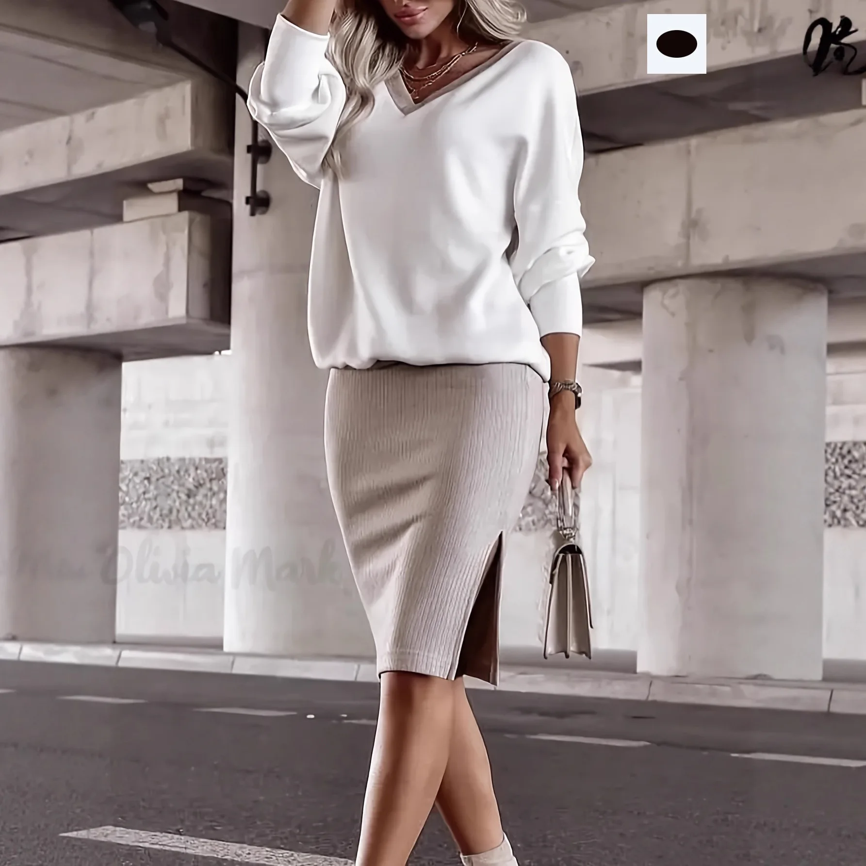 

2025 Trendy Women's Two-Piece Outfit Loose V-Neck Long Sleeve Hoodie & Bodycon Mini Skirt Casual Everyday Wear Fashion Comfortab