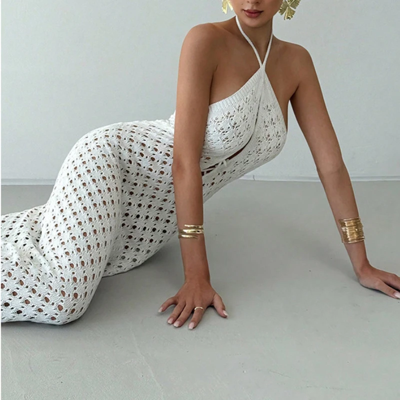 

Summer Fashion Hollow Out Knitted Beach Dress Sexy See-through Backless Vacation Dress Casual Solid Bikini Cover-up Women Dress