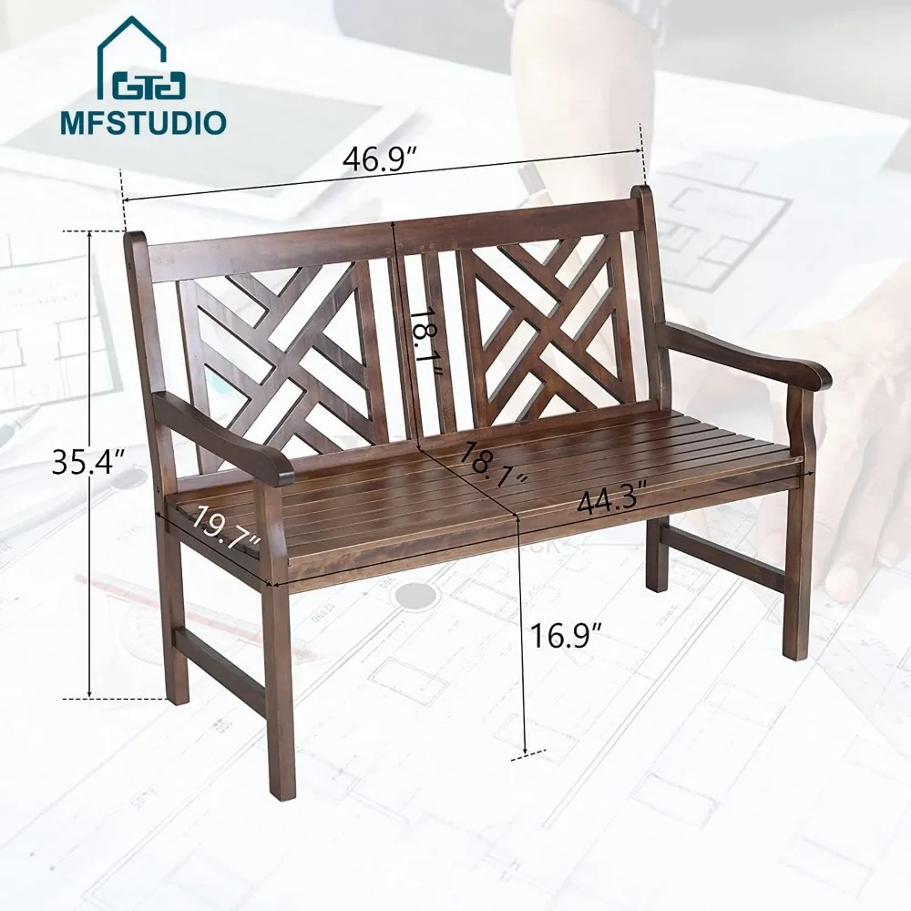 Outdoor Acacia Wood Garden Bench with Backrest and Armrest, 2-Person Slatted Seat Bench Patio Furniture for Porch Park Yard