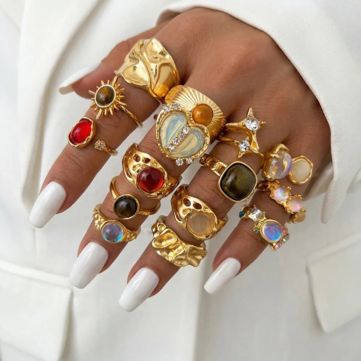 15Pcs/Set Bohemian Irregular Metal Rings Set Women Men Heart Geometric Inlaid Rhinestone Opal Open Rings Luxury Trendy Jewelry ﻿