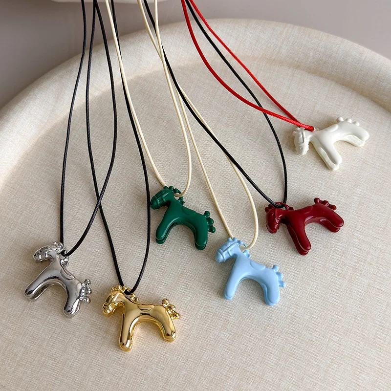

Minar Kawail Multicolor Enamel Cartoon Horse Pendant Necklaces for Women Girls Long Adjustable Wax Rope Sweater Chain Chokers