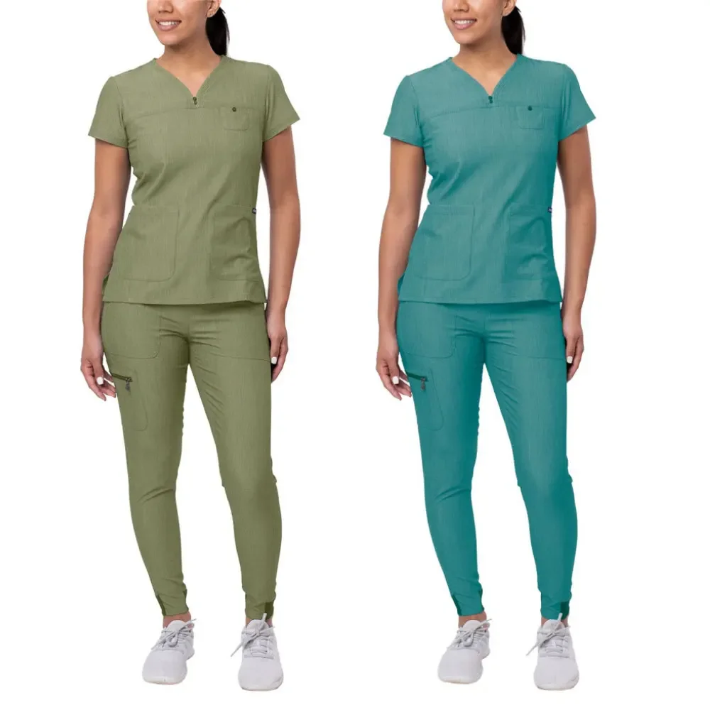Mulheres de enfermagem médica esfrega conjunto uniforme, tops e calças com decote em v, pet grooming suit, uniforme hospitalar, alta qualidade, atacado
