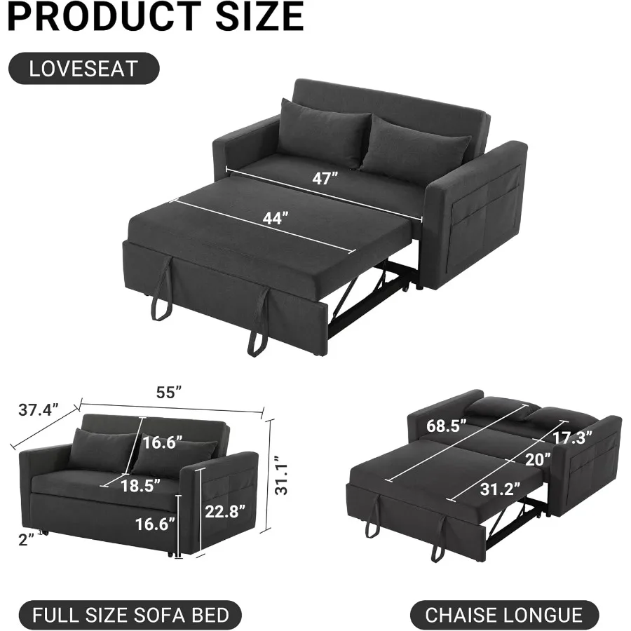 Pull Out Sleeper Sofa Bed For Living Room, Fabric, Gray, Converts Easily From Sofa To Full Size Bed