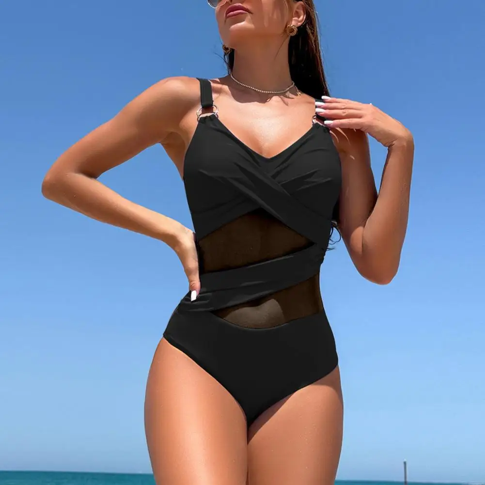 Monokini V-neck Swimsuit Figure-flattering Monokini Stylish Women's V-neck Monokini Swimwear with Tummy Control Mesh for Beach