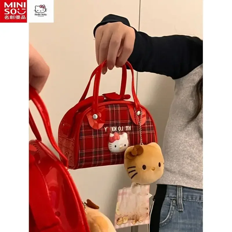 MINISO Hello Kitty Shoulder Plaid Bag Cute Hand-held Crossbody Bag Ladies Hand Bags Bags for Women