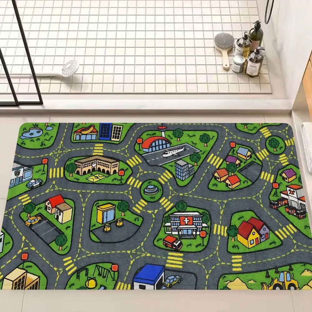 Child Urban City Road Traffic Learning Interactive Game Kitchen Mat Kids Room Bedroom Decoration Balcony Anti-Slip Doormat