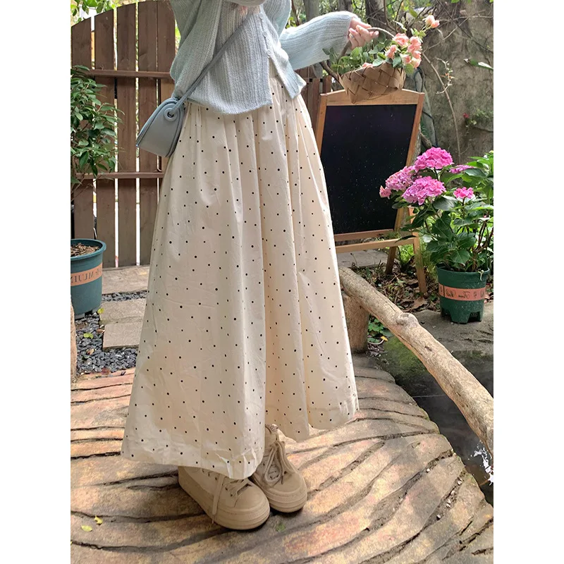 

Zeyla 2025 Spring Dotted Dress Soft A-line Maxi Skirt Early Fall Slim Fit Flared Skirt High Waist Casual Chiffon Skirt