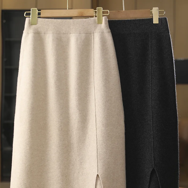 Falda acampanada de calidad para mujer, 100% de lana merina, prendas de punto, exquisita elegancia, dobladillo inferior, cintura elástica suave, lisa, Otoño Invierno