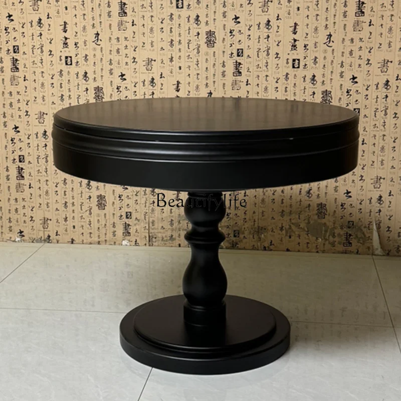 Retro French Small round Table Rotating Retractable Dining Table Simple Deformation Dining Table Solid Wood with Turntable