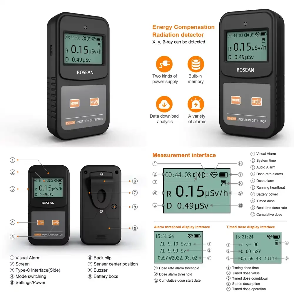 

Digital Handheld Geiger Counter Radiation for Bosean Gamma Ray Detection Indoor Outdoor Use Battery Powered Portable