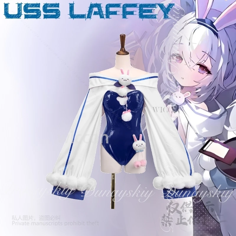 모에 아즈르 레인 게임 USS 라피 코스프레 1세대 버니걸 드레스 화이트 롱 가발 코스프레 의상 풀세트