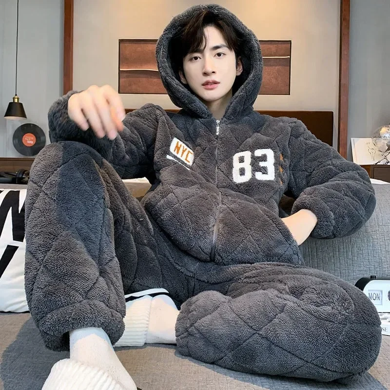 Coral Fleece Nightgown Men Pajamas Winter Homewear Triple Layer Cotton Sleep Clothes Suit Thickened Male Loungewear Sets Pijama