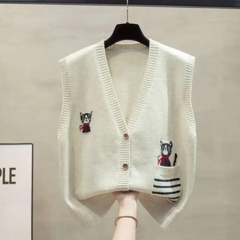 

Кардиган с v-образным вырезом, вязаный жилет, жилет для женщин, осень 2022, новая свободная верхняя одежда, многослойный свитер с зажимом для лошади, жилет для женщин