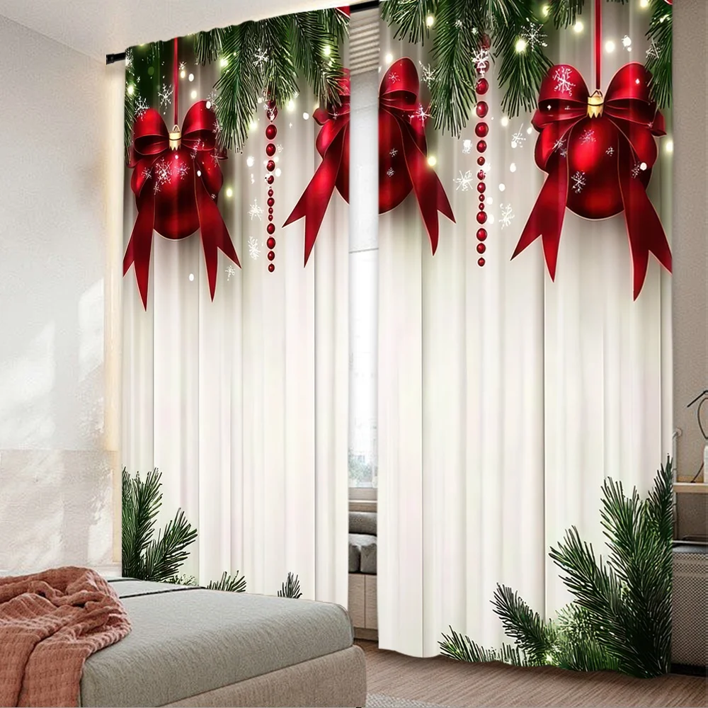 2 Stück 2D-Flachdruck „Happy Christmas Party“-Vorhänge, festliche Ornamente, digital bedruckte Polyester-Vorhänge, Urlaubsdekorationen für