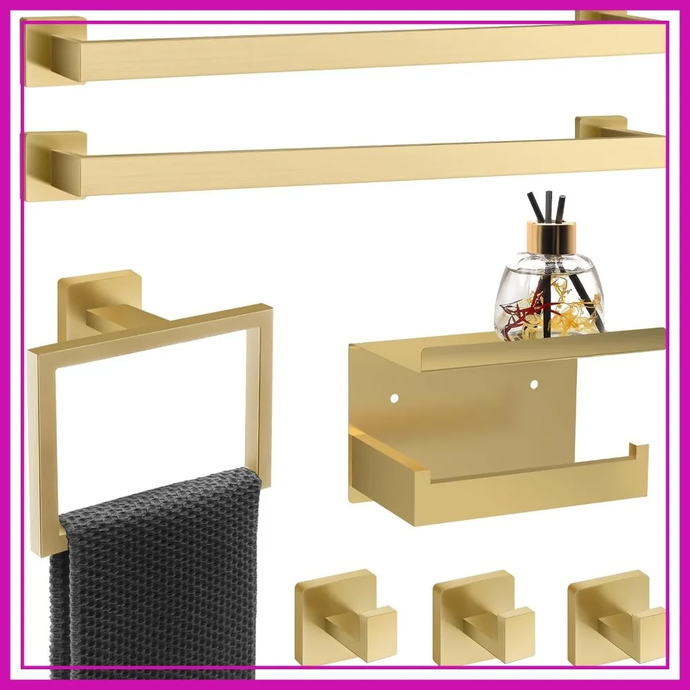

7 Piece Brushed Gold Bathroom Hardware Set - Square Towel Bars & Rack, Stainless Steel, 23-Inch