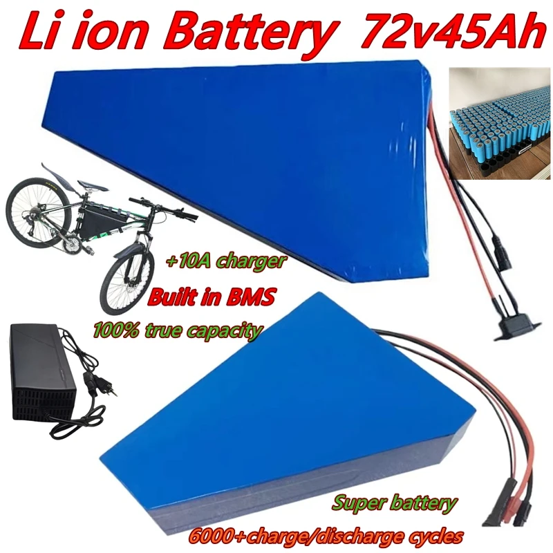 

72Vlithium ion45Ah triangle battery BMS li ion 20S for 5000w 6000w Mountain Bike scooter Motorcycle + 10A charger