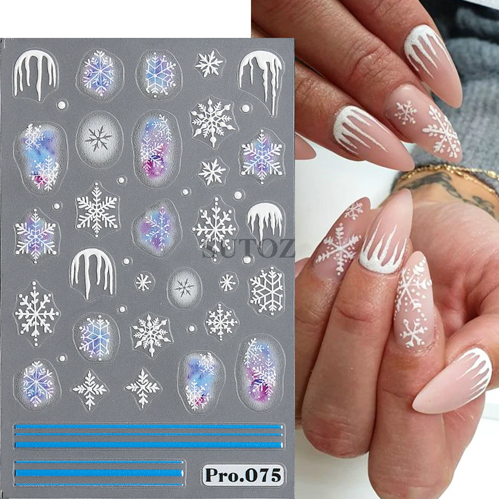 Adesivi con fiocchi di neve per unghie decalcomania per unghie neve bianca 5D goffrata inverno natale Design lettere Slider Manicure decorazione