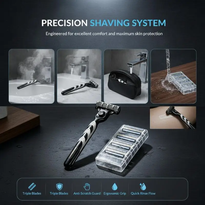 Men's Manual Shaving Razor Portable Non-Slip Handle Sharp Durable Blades Extra Refills Great Gift for Men All Occasions