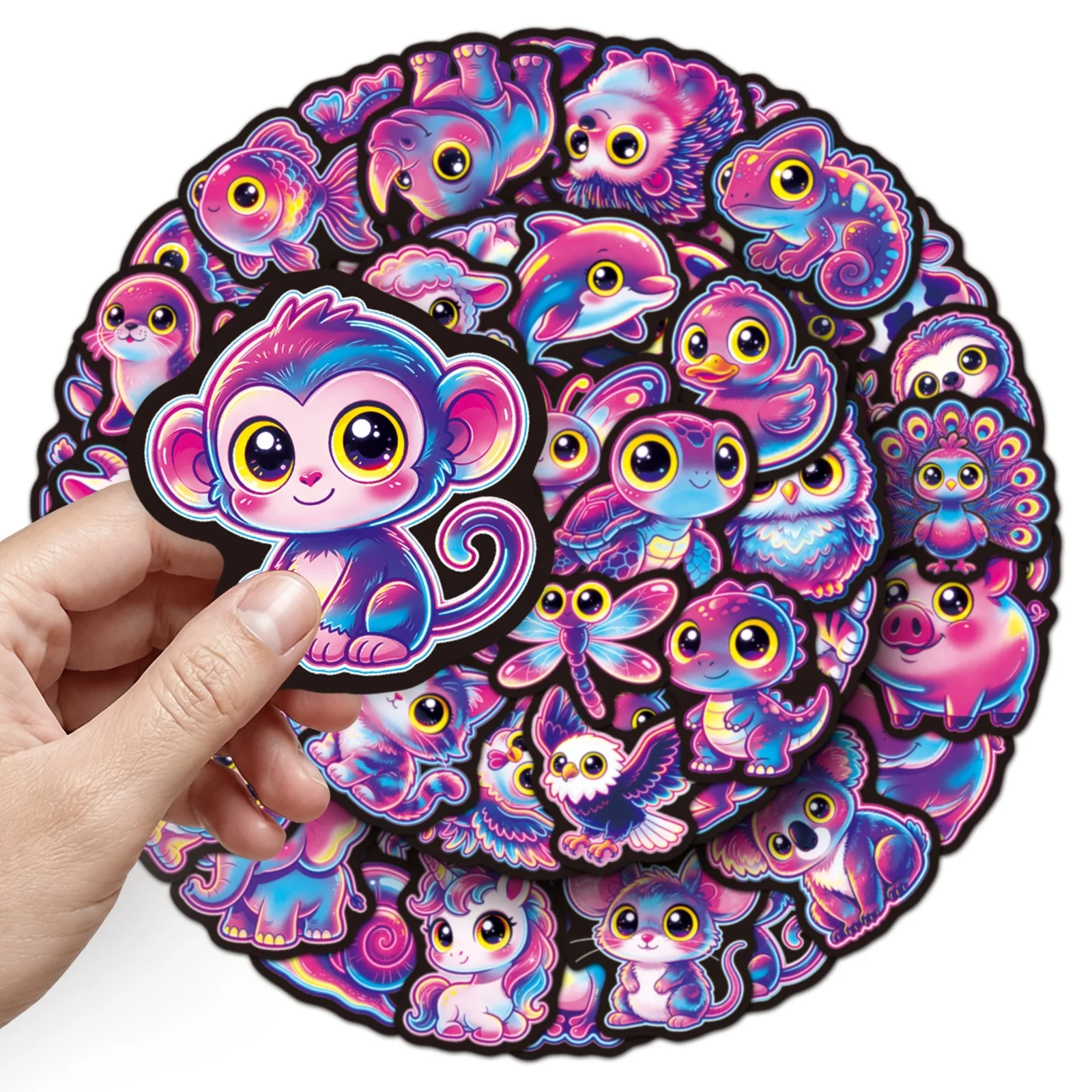 50 PCS Neon Animal Hand Drawn Colorful Cartoon Pet Stickers Pack Decorate Laptop Phone Bottle Waterproof Fun Decals